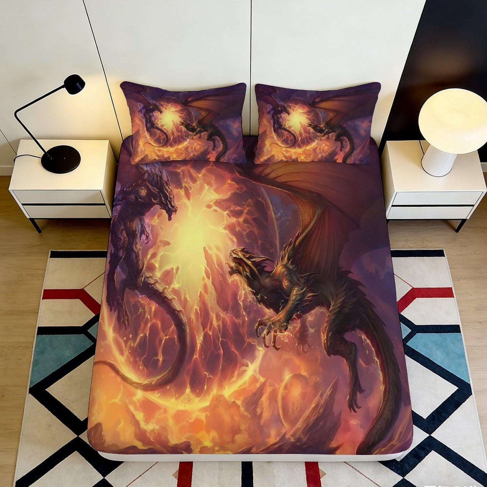3D Printed Fire Dragon Fitted Sheet Microfiber Soft Anti-Slip Flame Fantasy Bed Cover for Bedroom Dorm Decor 90x200x25cm