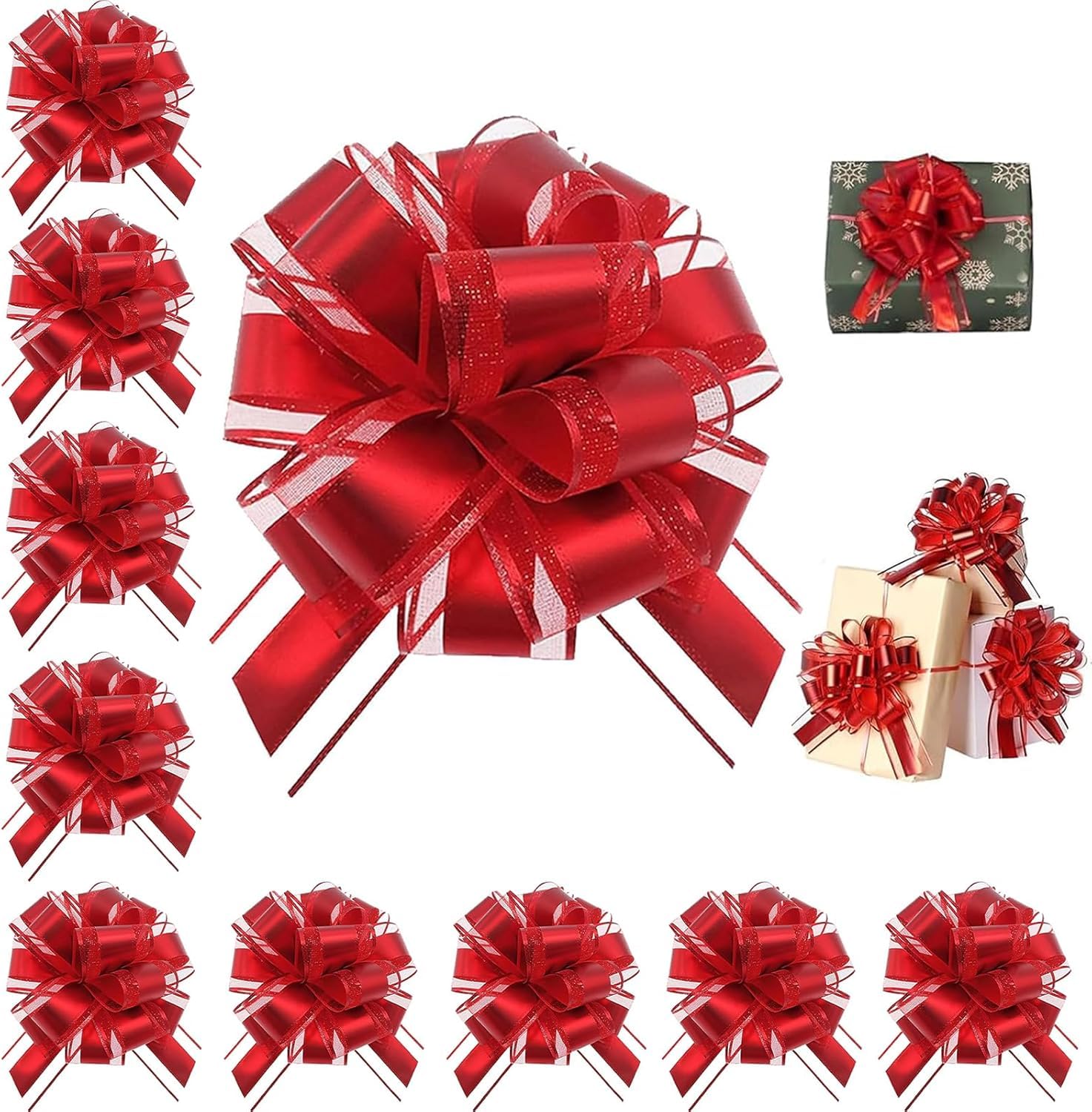 Moxychrony 10 Pcs Pull bows for Gift Wrapping, Red Bows for Gift Wrapping, Red Pull Bow for Gift Wrapping Baskets Wedding or Flower Decorations, Valentines Day Birthday Gift Decorations (22cm)