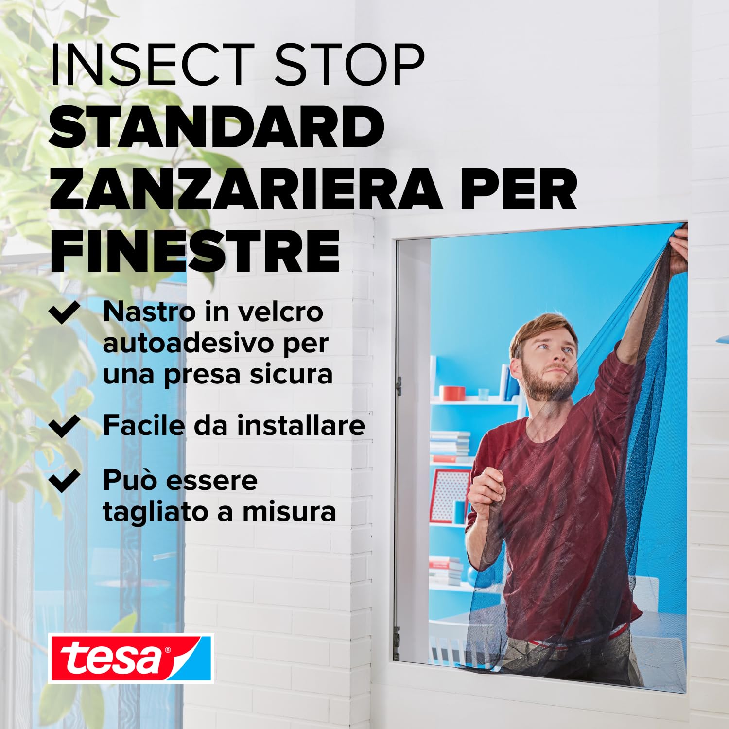 Tesa Insect Stop Zanzariere Attacca & Stacca STANDARD per Finestre - Zanzariera Adesiva - Rete per Zanzariera Regolabile a Piacere - Bianco, 130 cm x 150 cm