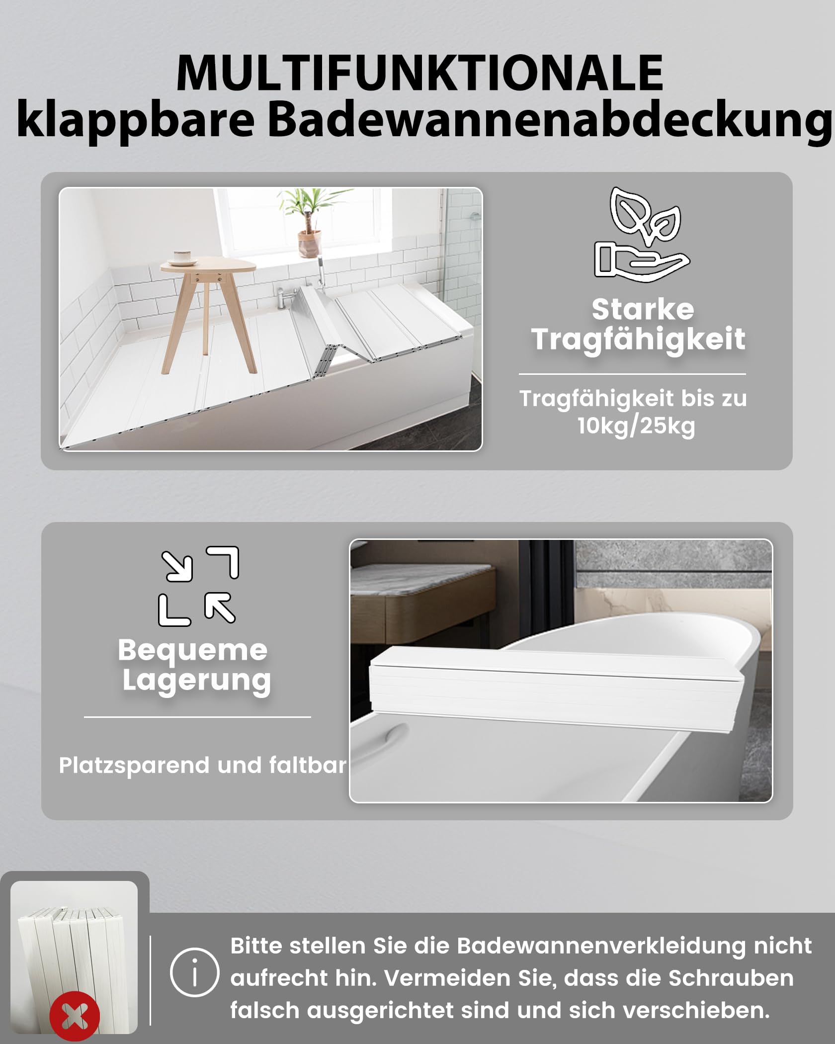 80x180cm Badewannenabdeckung bis 10kg Belastbar - 12mm Badewannenbretter Faltbare Badewannenablage Dämmplatte Staubdicht Wasserdicht für Haus Badewannen Badezimmer SPA Weiß