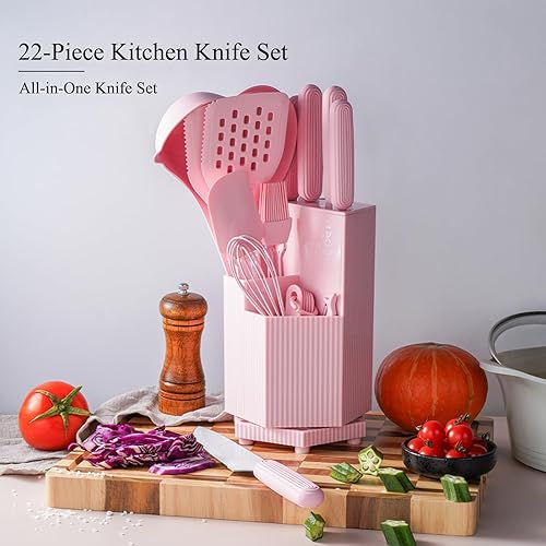 Miniatura 5 de Juego de cuchillos de cocina, juego de utensilios de cocina de silicona de 22 piezas y cuchara de pala rosa, juego de cuchillos de chef de acero