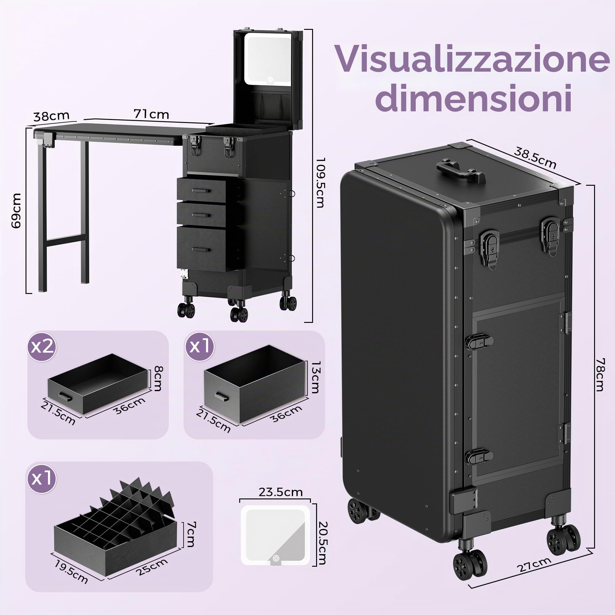 Tavolo da Manicure Portatile con Rotelle, 3 Cassetti, Specchio LED e Organizer, Trousse da Viaggio con Chiusura a Chiave per Postazione di Lavoro, Tecnico Delle Unghie, Nero