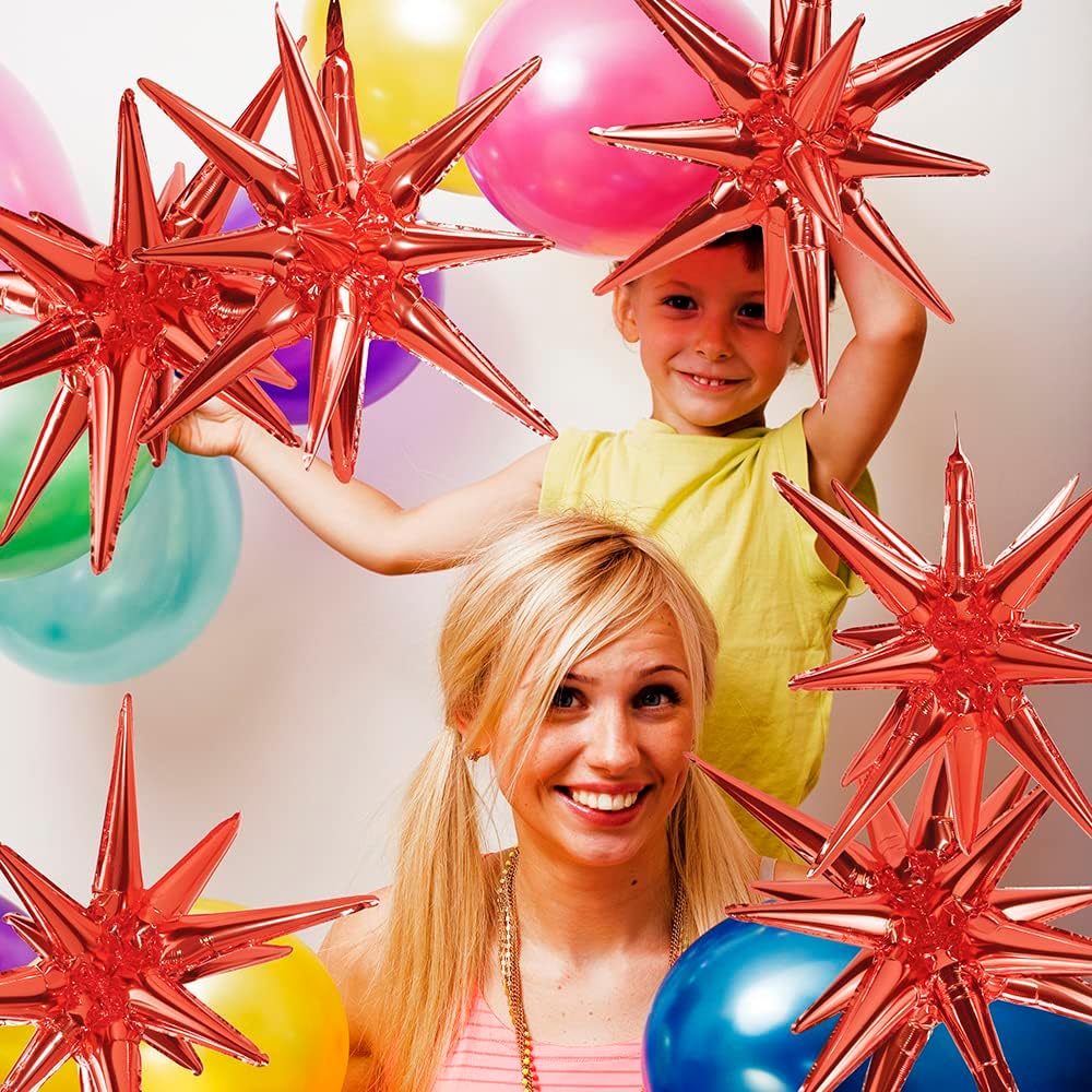 Red One Piece Explosion Star Cone Balloon Metallic Fireworks Spike Balloon, 6 Pack 22'' 14-Pointed Cone Star Balloons Magic For Birthday Party Supplies Christmas Disco Wedding Decoration Photo Booth