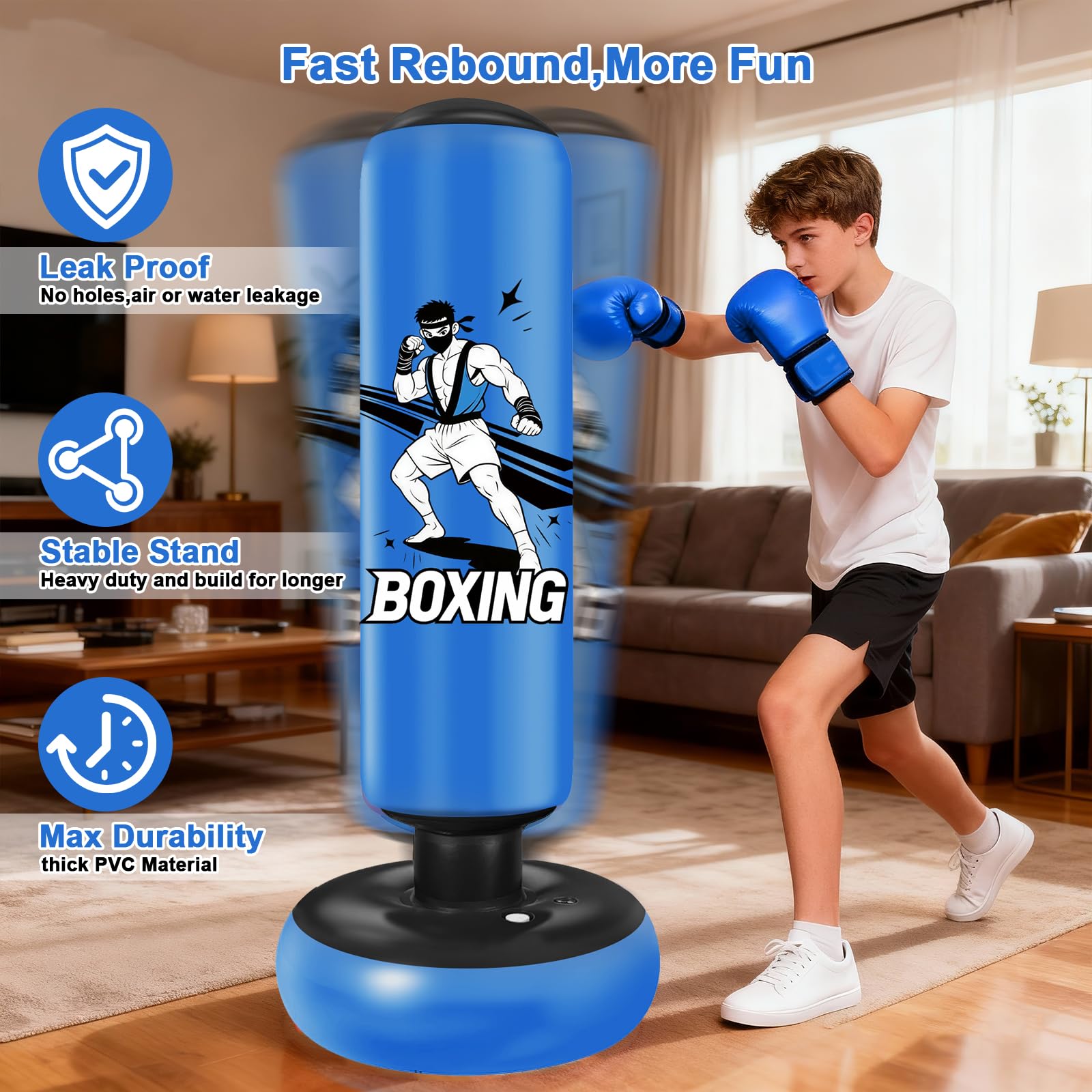 Boxsack für Kinder, 168cm Boxsack Stehender, Aufblasbarer Standboxsack mit Boxhandschuhe und Luftpumpe, Boxing Bag, Geschenk für Jungen & Mädchen von 6–15 Jahren Üben von Karate, Kickboxen,Taekwondo