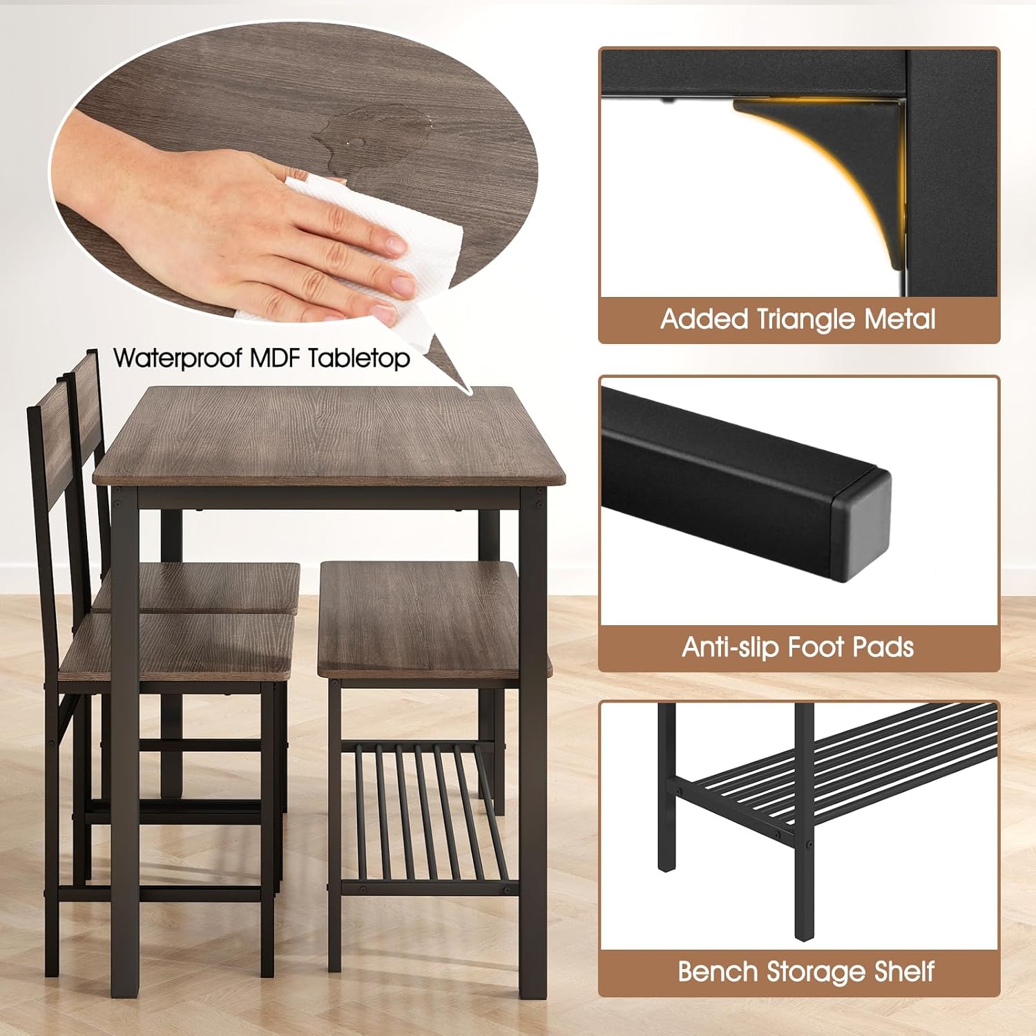 Rectangular Dining Table Set for 4, Space Saving Kitchen Table with Bench and Chairs, Bench Seat with Storage Rack, 4 Pieces Dinette Table Set for Small Spaces, Apartment, Restaurant