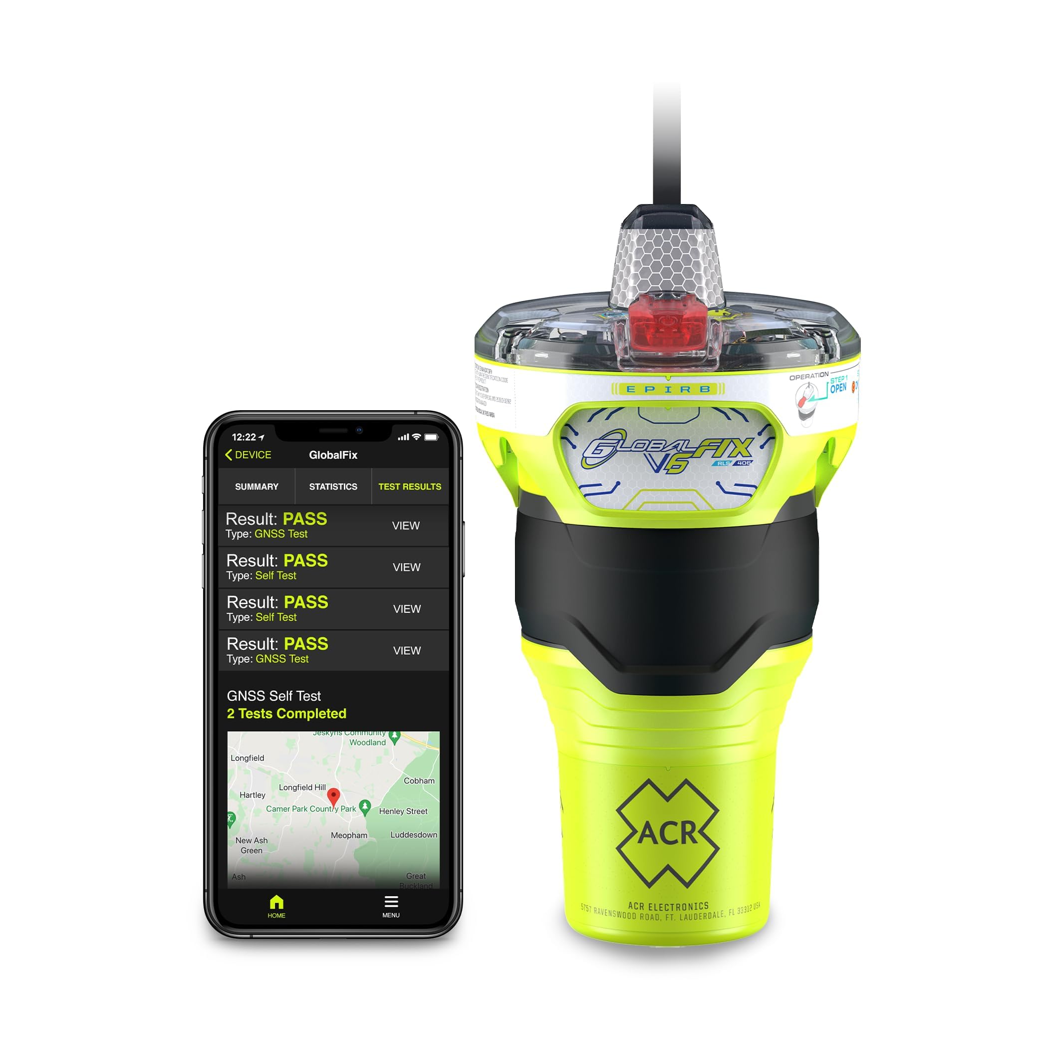 ACR GlobalFix V6 EPIRB GPS – SOS Satelital 406 MHz, GNSS, RLS, App Móvil, Soporte Cat 1 con Liberación Automática (2853), Señal 121.5 MHz, Batería 10 Años, Sin Suscripción