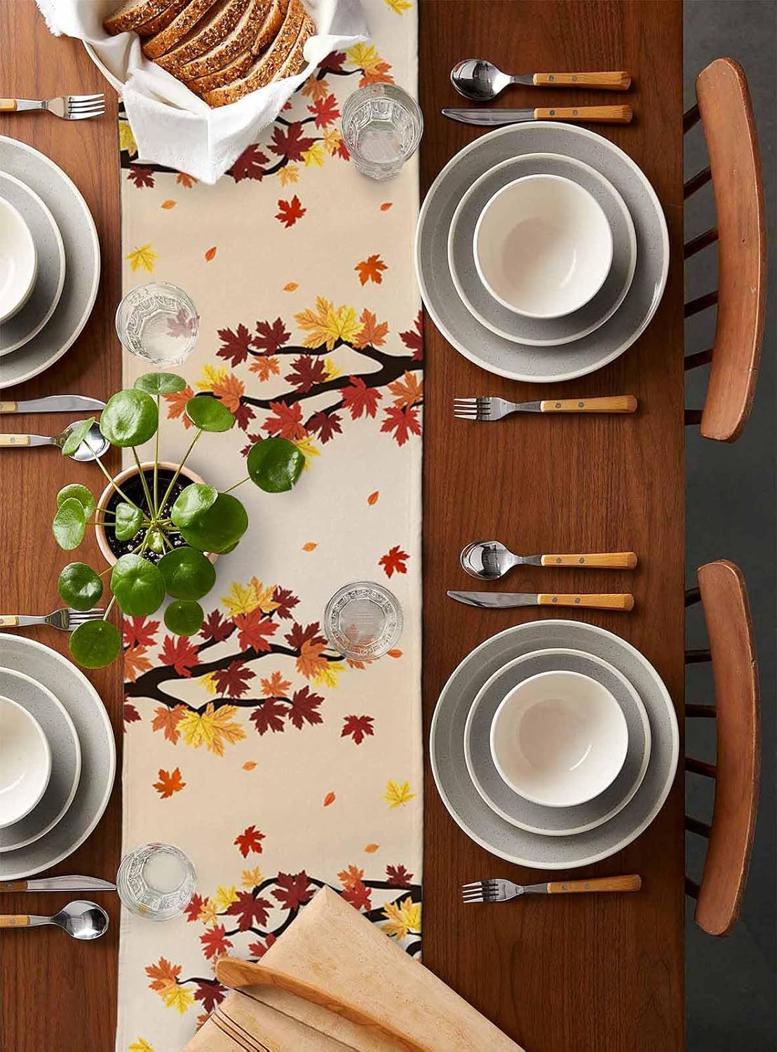 Thanksgiving Gnomes Blue Pumpkins Table Runner 120 Inches Long, Fall Maple Leaves Coffee Table Runner Dress Scarves, Orange Botanical Table Runners Fall Decoration for Kitchen Island/Party 13"x120"