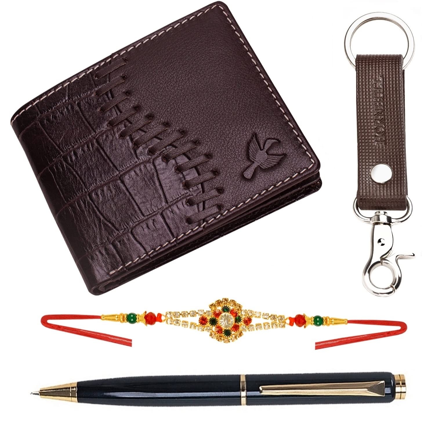 HORNBULL Rakhi Gift Hamper for Brother - Markus Brown Mens Leather Wallet , Pen, Keyring and Rakhi Combo Set for Brother
