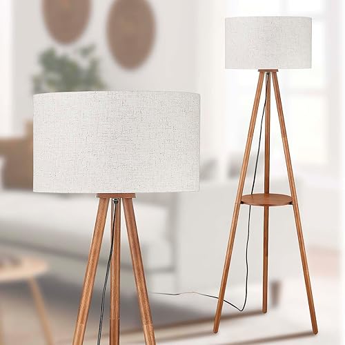 Lámpara de pie trípode de madera con bombilla LED de 3 colores de temperatura, estante de granja, lámpara de pie de madera con pantalla de tambor