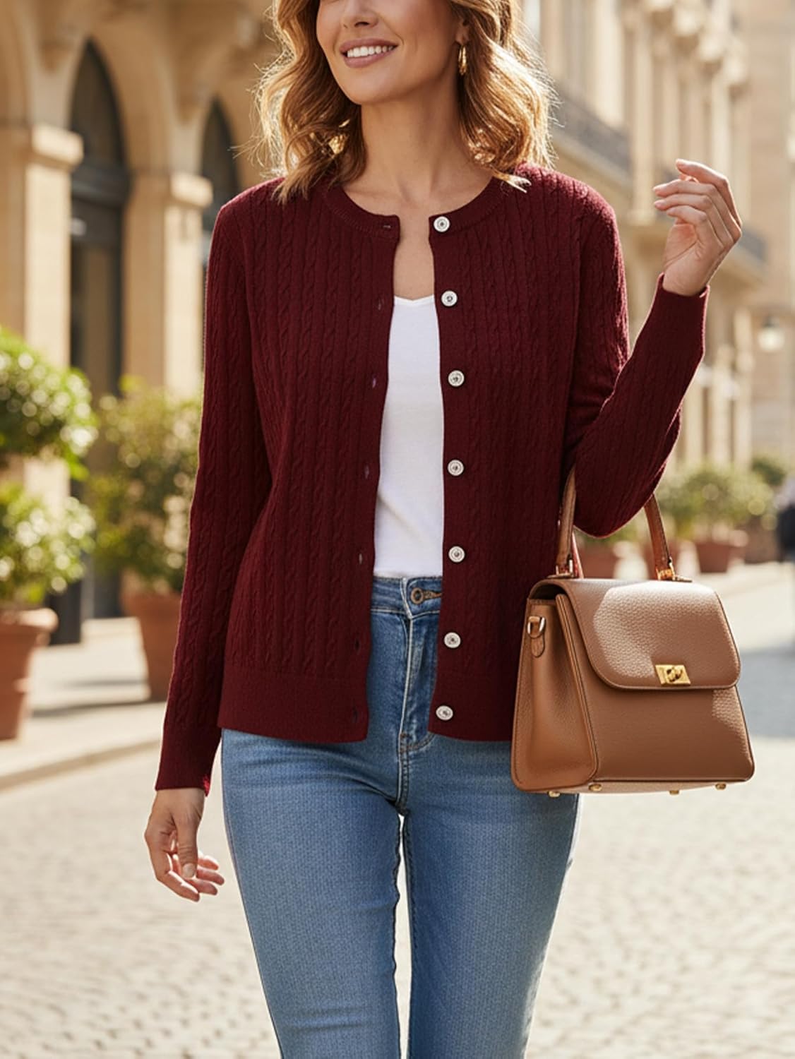 Cardigan Sweaters for Women Chunky Cable Knit Button Down Crewneck Long Sleeve Soft Fall Winter Top - Image 3