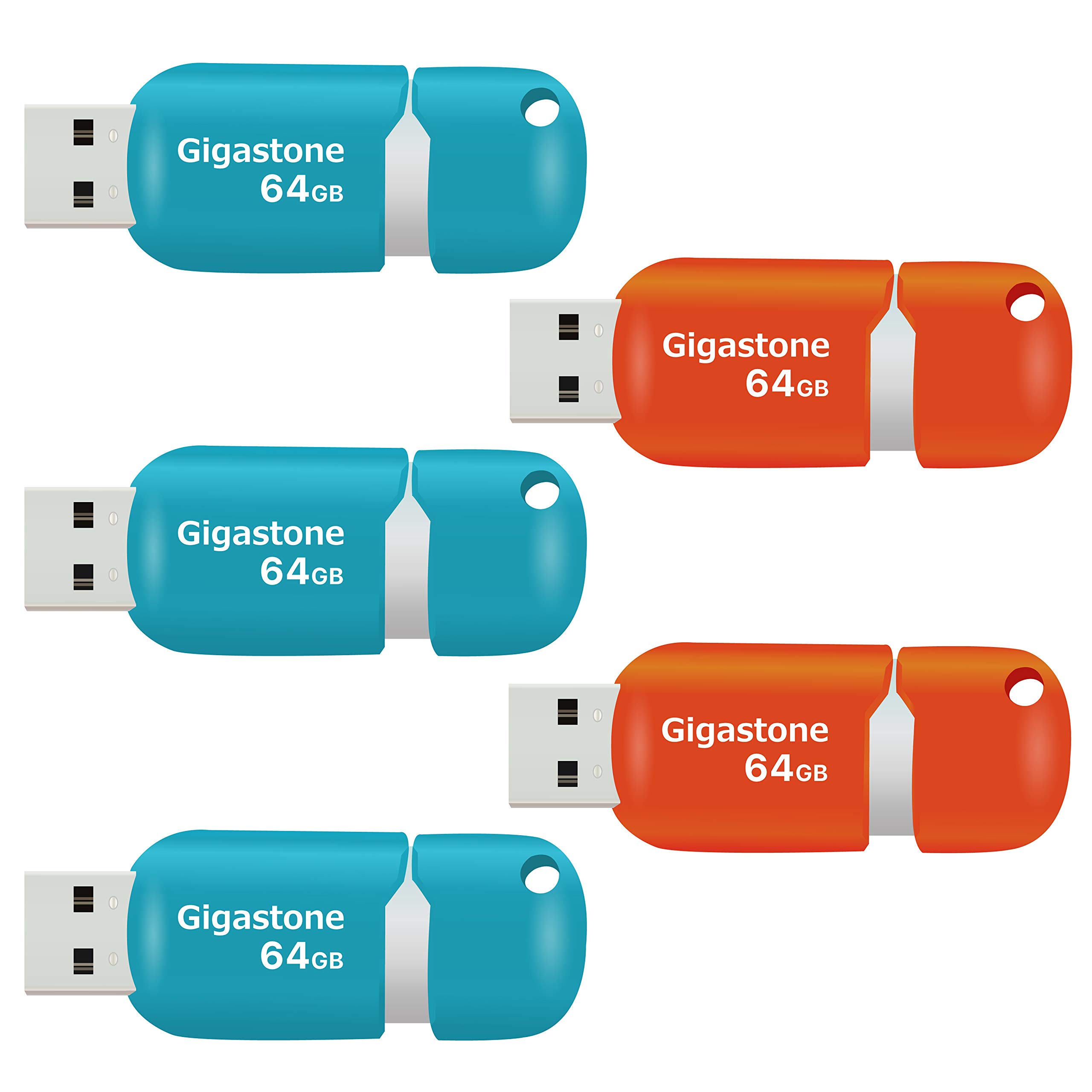 GIGASTONE 64Go Clé USB Flash (Lot de 5) V10 USB 2.0, Haute Vitesse, Design Coulissant sans Capuchon, Stockage et Sauvegarde pour PC/Mac/TV/Voiture - Orange/Bleu