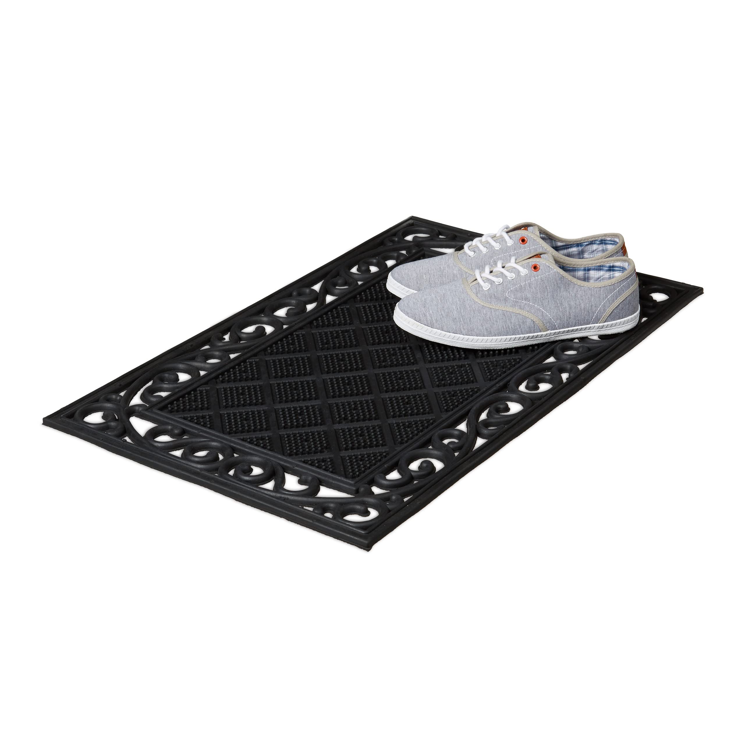 Relaxdays deurmat rubber, met sierlijk patroon, antislip, binnen en buiten, weersbetendig, rechthoekig 75x45 cm, zwart