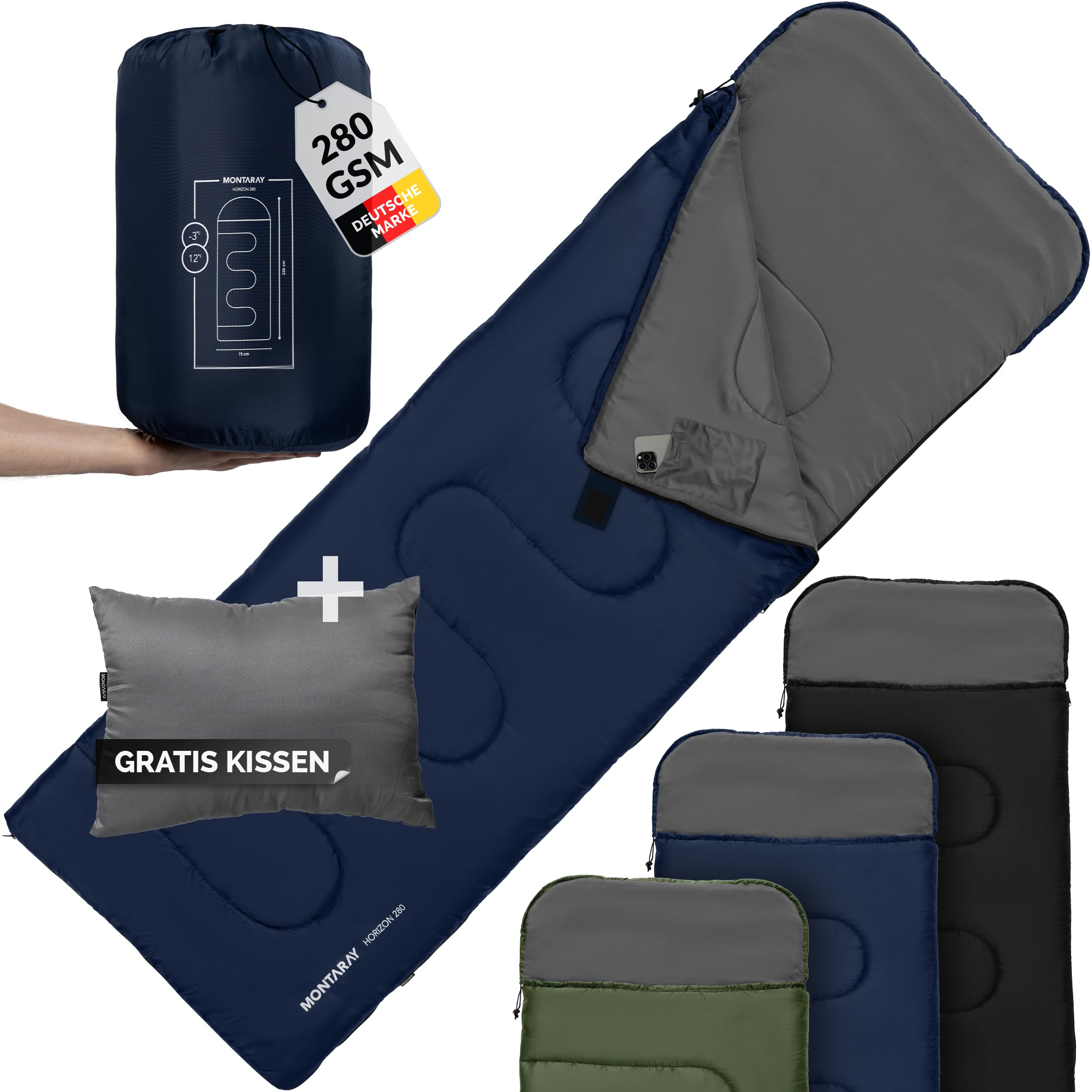 MONTARAY Deckenschlafsack mit Kapuze bis -5C INKL. Kissen - Outdoor Winter- Schlafsack & Sommer-Schlafsack 280GSM 3-4 Jahreszeiten - Htten-Schlafsack  Damen & Herren - Sleeping Bag warm, Ultra-leicht : Amazon.de: Sport &  Freizeit