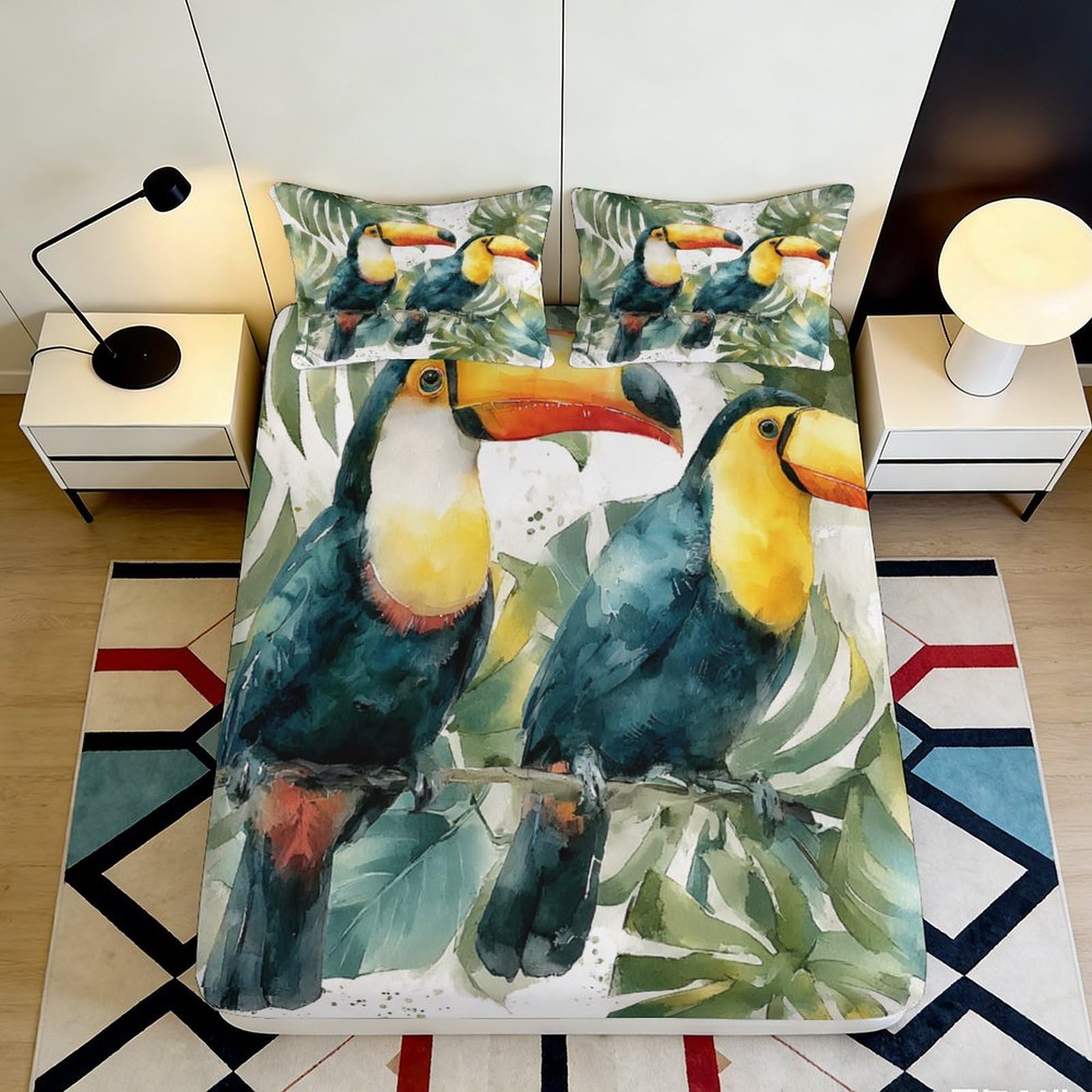 3D Printed Tropical Toucan Fitted Sheet Microfiber Soft Breathable Jungle Leaves Mattress Cover Bedroom Decor 90x200x25cm