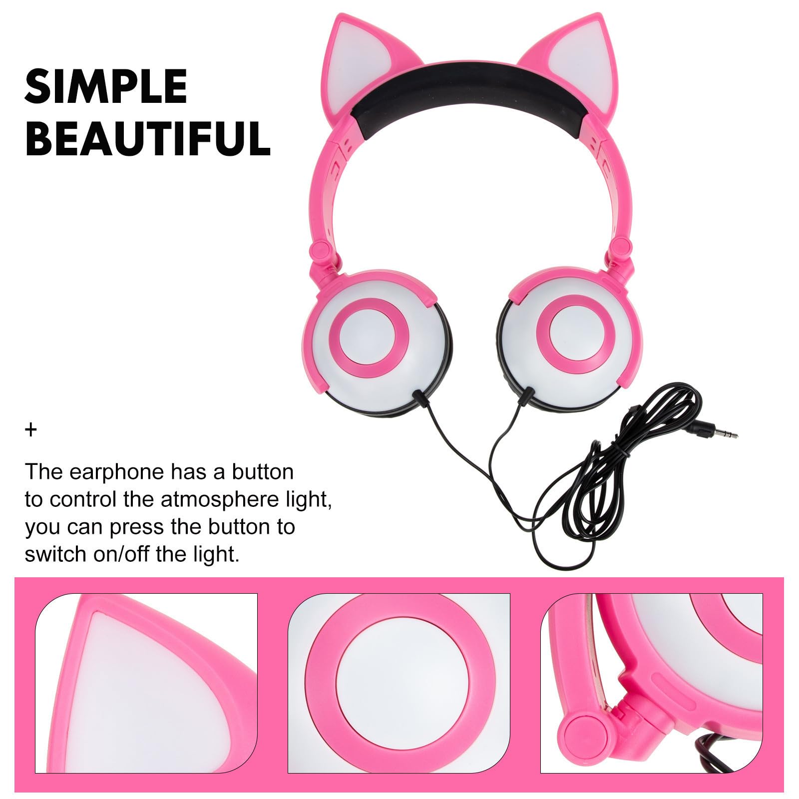 CALLARON Cuffie per Orecchie da Gatto Luminosi, Design Ergonomico in Pvc, Auricolari Pieghevoli Microfono, Adatte per Ragazzi e Ragazze, Plug da 3.5mm