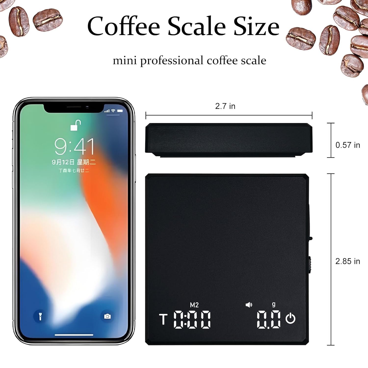 Espresso Scale with Timer/Tare, 2kg/0.1g Precision Portable Mini Coffee Scale with Auto Timing for Espresso and Pour Over Coffee, Rechargeable LED Display Digital Kitchen Scale with g/oz Unit