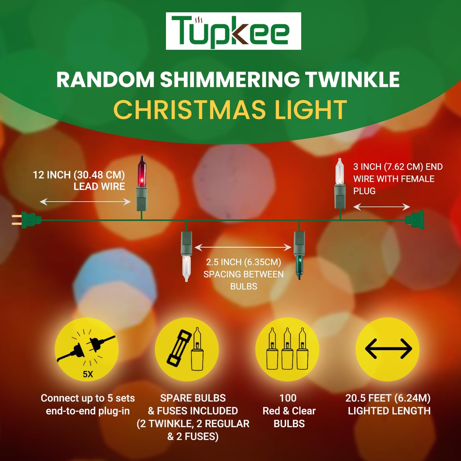 Christmas Random Shimmering Twinkle Lights - 12 of 100 Lights Twinkle – Indoor Outdoor - 20.5 Feet Light String, 100 Red, Green, & Clear Bulbs - Christmas Tree Holiday Decor Twinkling Christmas Lights