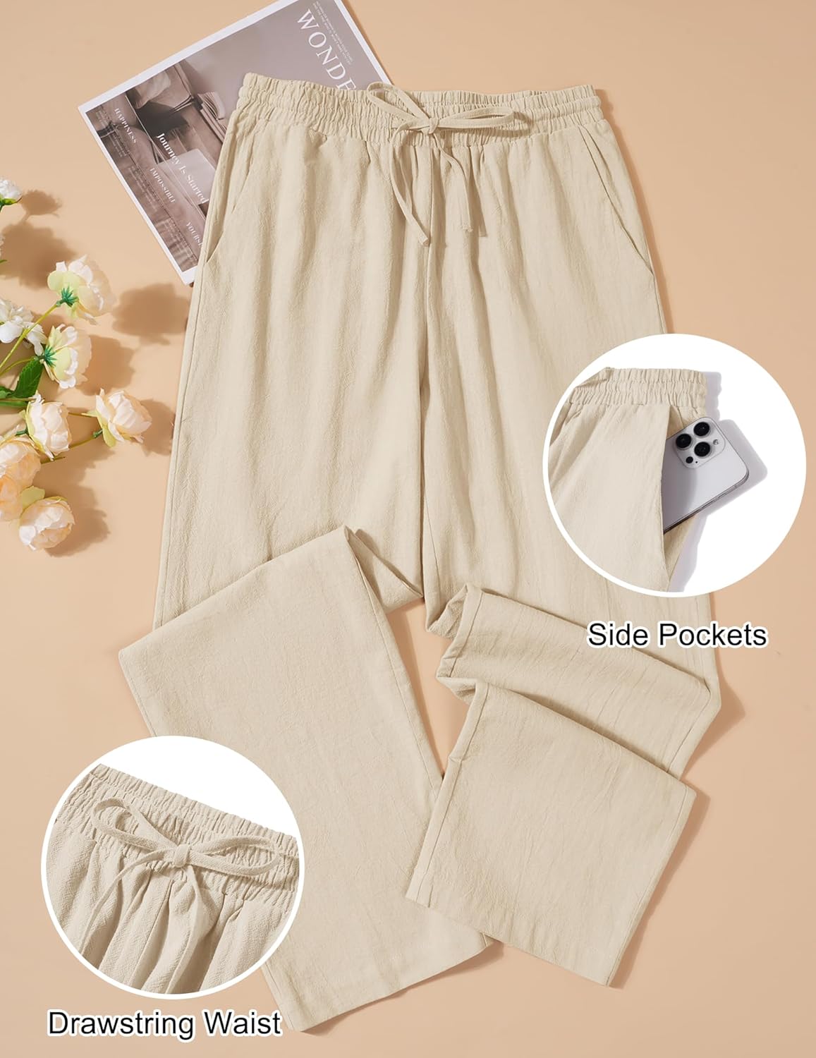 COOFANDY Men's Cotton Linen Pants Elastic Waist Drawstring Summer Beach Trousers Casual Yoga Pant - Image 4