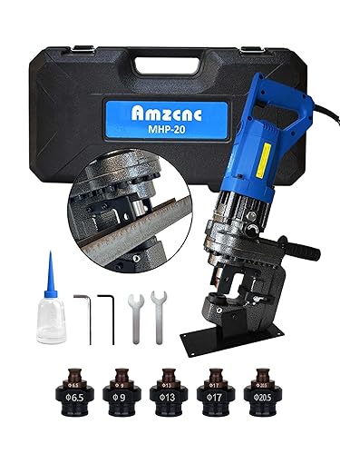 AMZCNC Perforadora hidráulica eléctrica de 110 V 1200 W Φ1/4 "-4/5 "Punzonadora de metal con cepillo de carbono 5 muere para hierro y cobre placa de