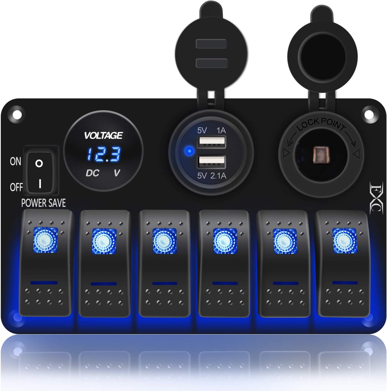 FXC Waterproof Marine Boat Rocker Switch Panel 6 Gang with 3.1A Dual USB Slot Socket + Cigarette Lighter +LED Voltmeter with Power-Save for Car Rv Vehicles Truck (6 Gang Blue LED) (6 Blue)