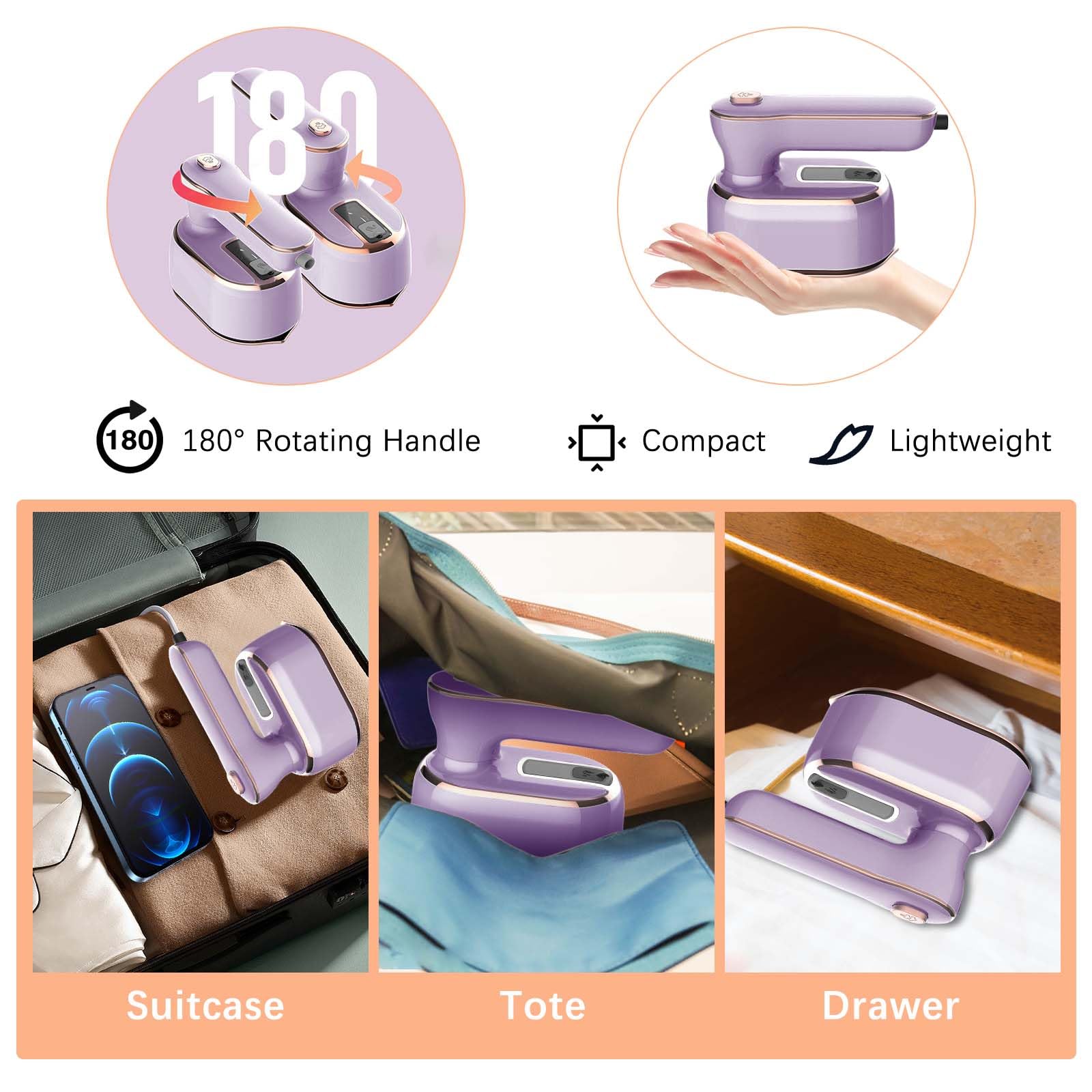 Fer à Repasser Vapeur,Défroisseur Vapeur,Portable de 1000W à Chauffage Rapide 20s,Défroisseur vapeur portatif, Réservoir dEau 100 ML,Voyage Vapeur Steamer pour La Maison/les Voyages-Violet