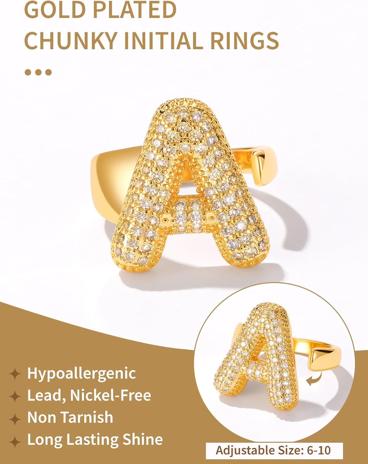 FindChic Initial Ring for Women, Gold Plated Chunky Letter Rings Open Adjustable Trendy Sparkling Cubic Zirconia Personalized Statement Rings Jewelry Gift - Image 5