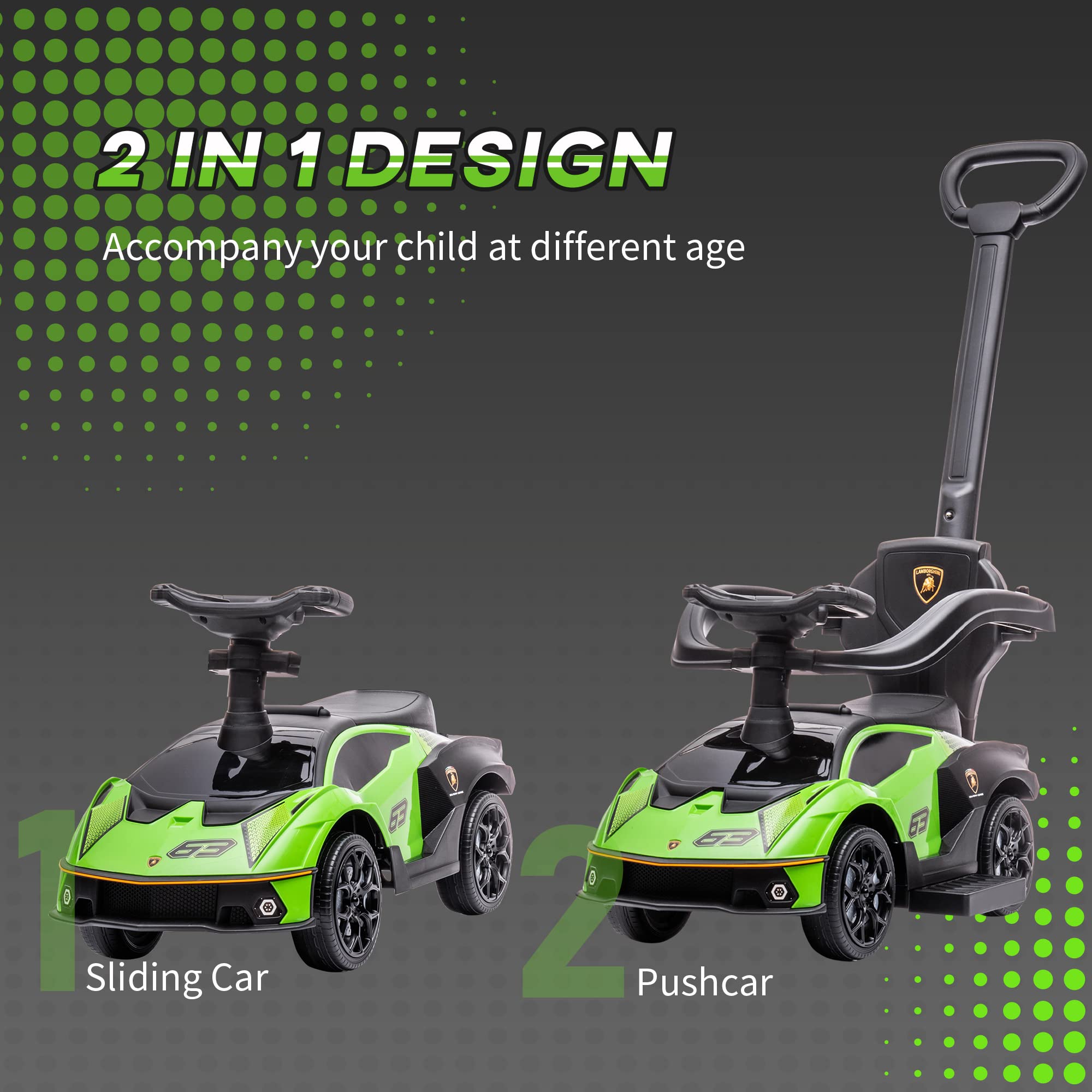 Coche de empuje 2 en 1 para niños pequeños de 1 a 3 años, auto deslizante Lamborghini con licencia, empujar junto con bocina de almacenamiento debajo del asiento, sonido del motor y volante, 4