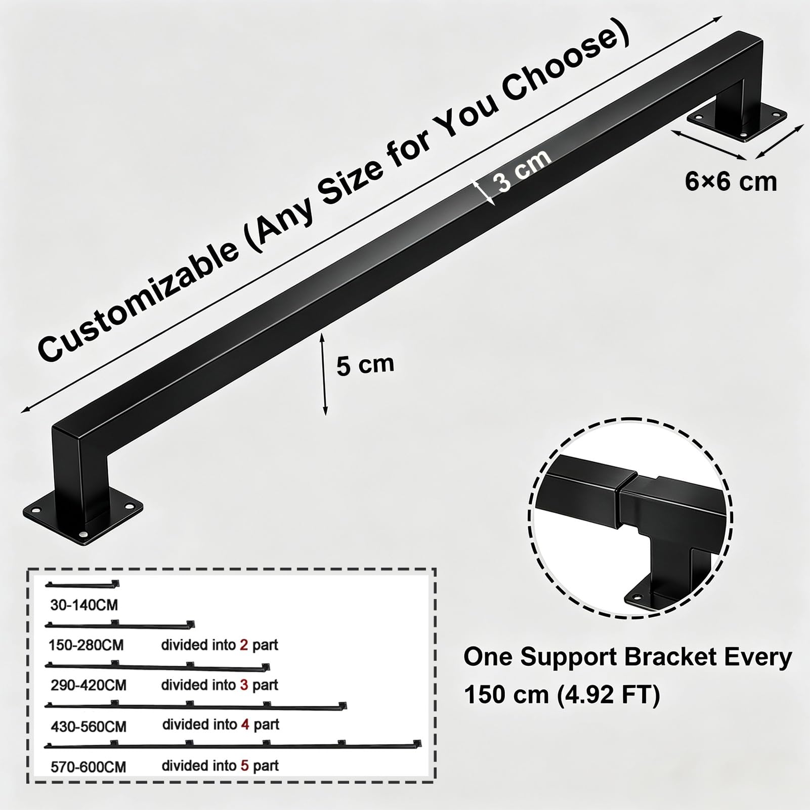CMBSSTFC Zestaw 120 FT Solidna antypoślizgowa balustrada wewnętrzna do montażu na ścianie Wspornik do bezpiecznych balustrad do domów i tarasów ogrodowych (2,8 m/9,2 stopy)