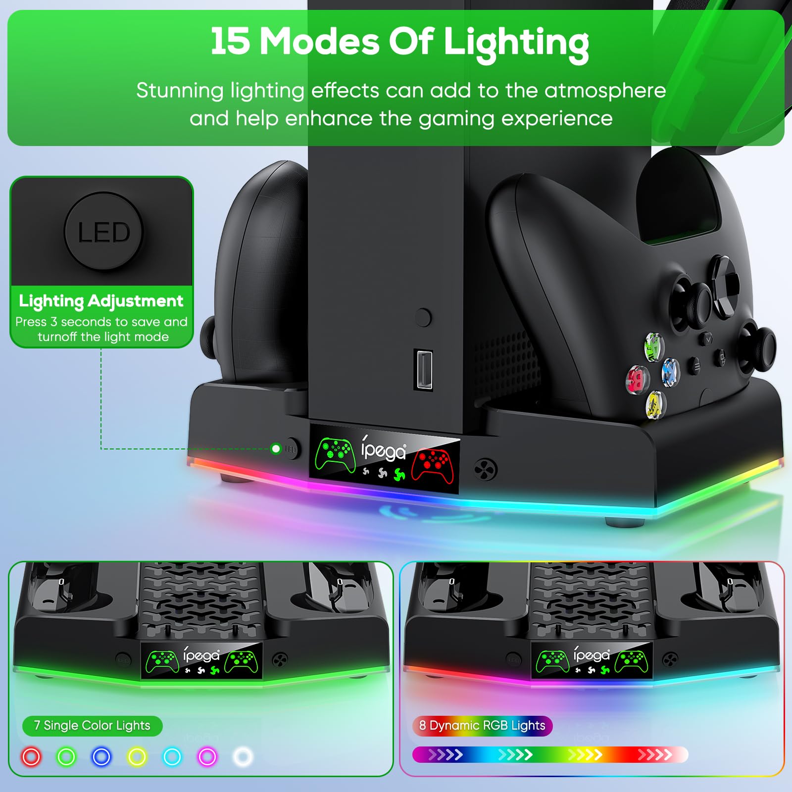 FYOUNG Supporto verticale per caricabatterie e stazione di raffreddamento per Xbox Series S, dock di ricarica controller di aggiornamento con luce 15 RGB, sistema di ventola di raffreddamento, 2