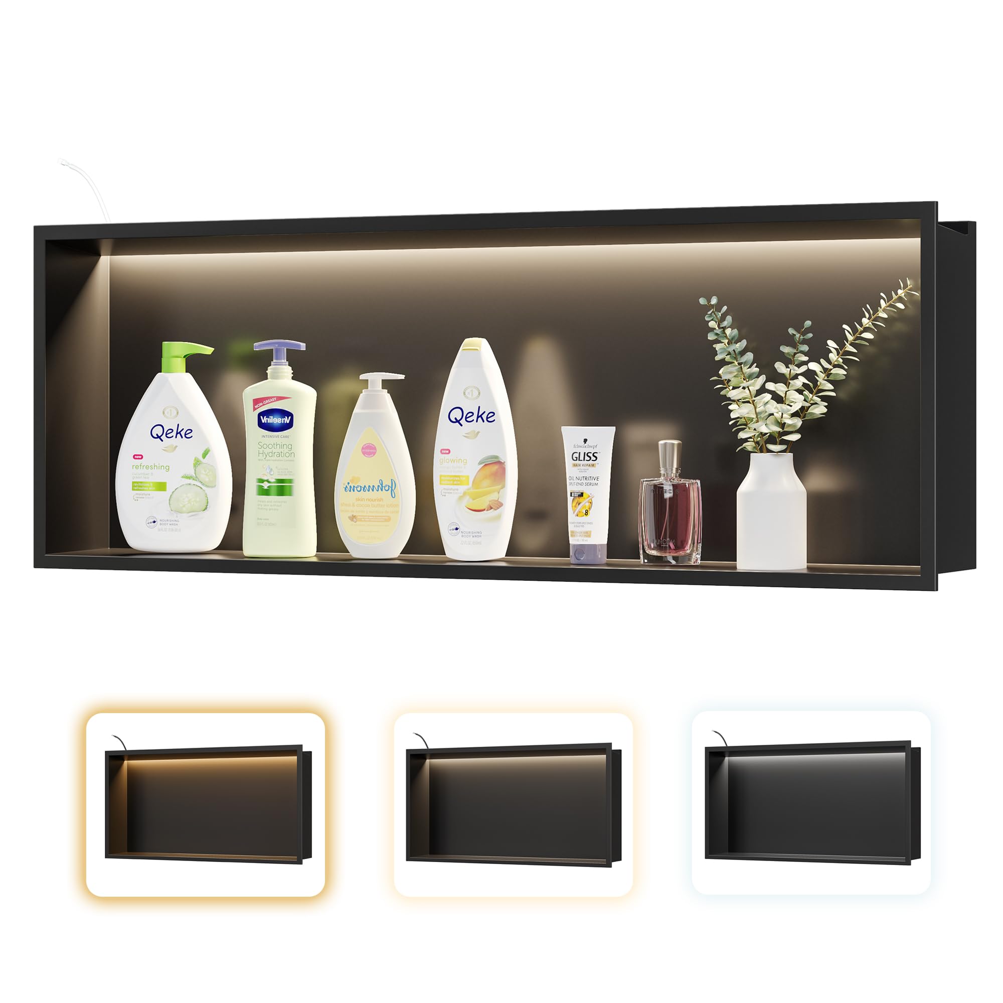 Niche de douche 90 cm encastrable en acier inoxydable noir avec LED