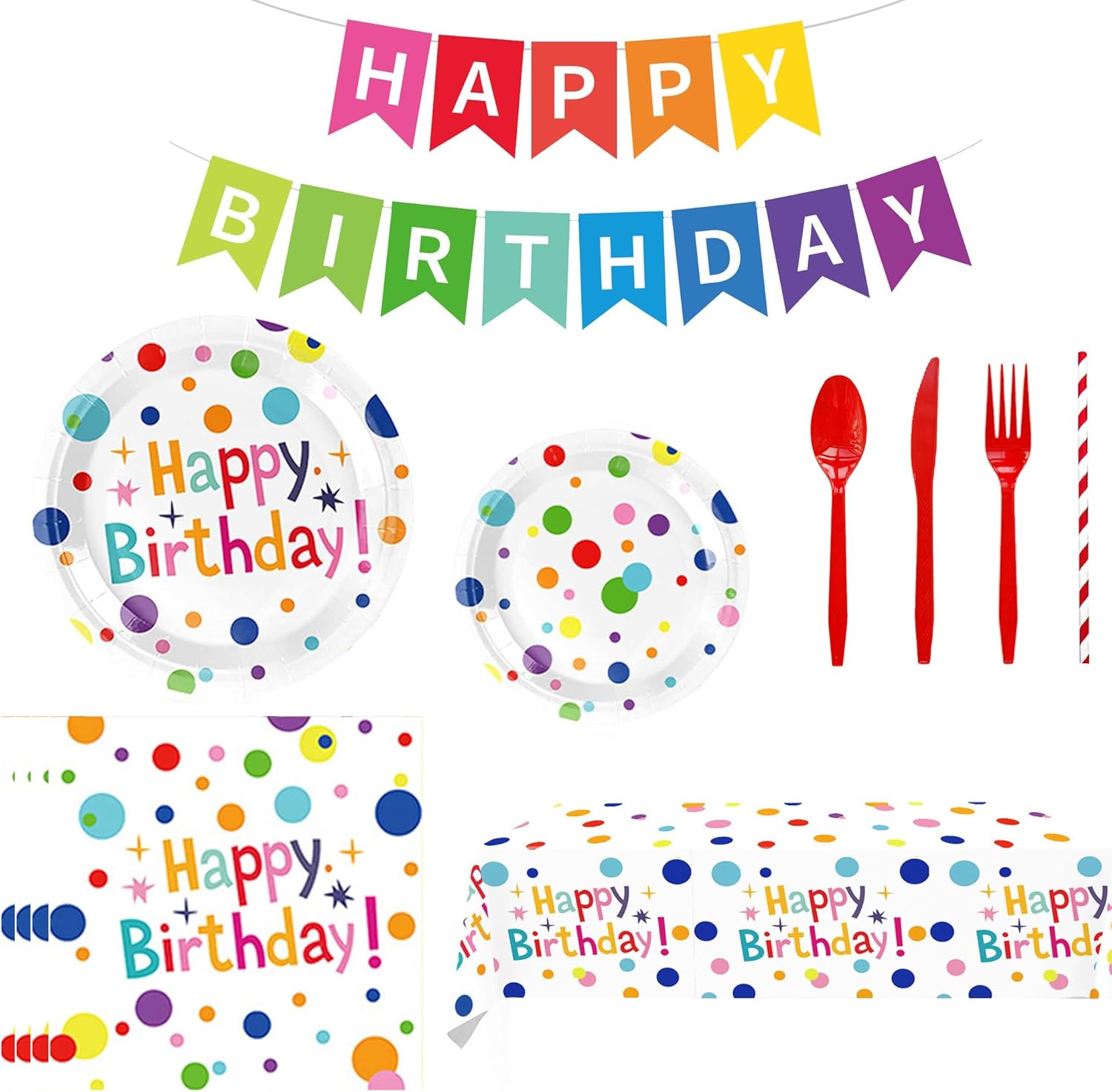 142Pcs Happy Birthday Decorations Set Including Disposable Paper Plates,Napkins,Cups,Tableware,Straws,Tablecloths and Banners Colorful Birthday Decorations Can Accommodate 20 Guests