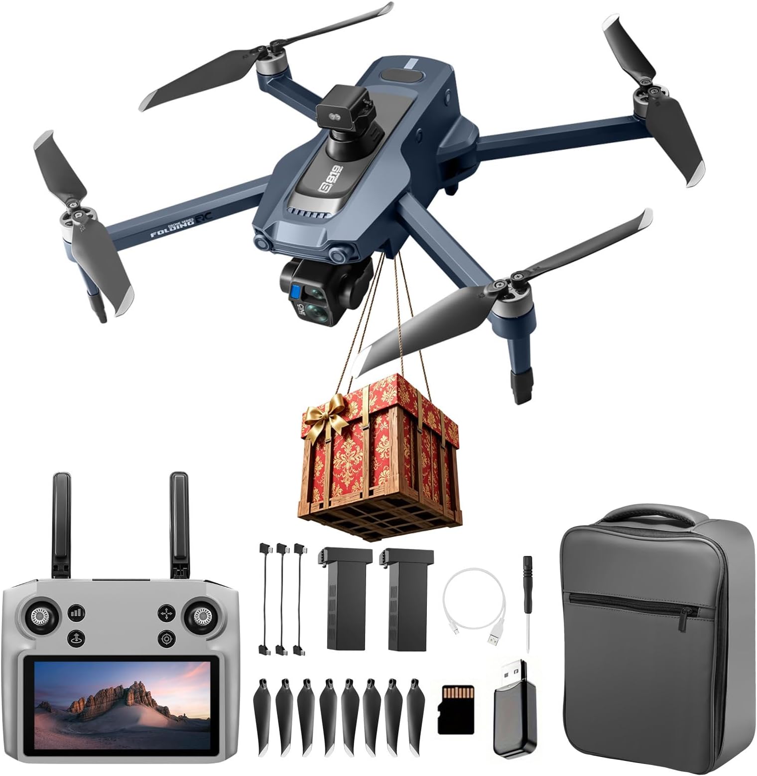 Airdrop Drone, Max Payload Capacity About 0.66 Lbs, GPS Positioning System, 4.92-Inch Touchscreen Remote Controller, 2.7K 3-Axis Gimbal Camera, 2 Batteries for Total Flight Time About 50 Minutes, Dual Cameras, 4-Way Obstacle Avoidance Function, Optical Flow Positioning Technology, Smart Follow Function, Brushless Motor, Foldable & Portable FPV Quadcopter, Suitable for Adults and Beginners
