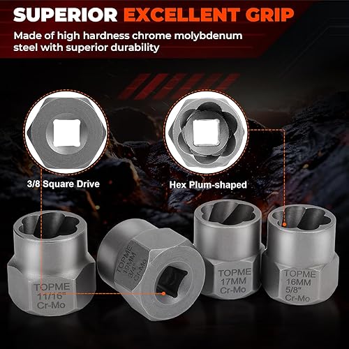 Miniatura 3 de Kit extractor de pernos, juego de 14 piezas de extractor de tuercas de acero CR-MO de grado de impacto, enchufe de transmisión de 38 pulgadas para