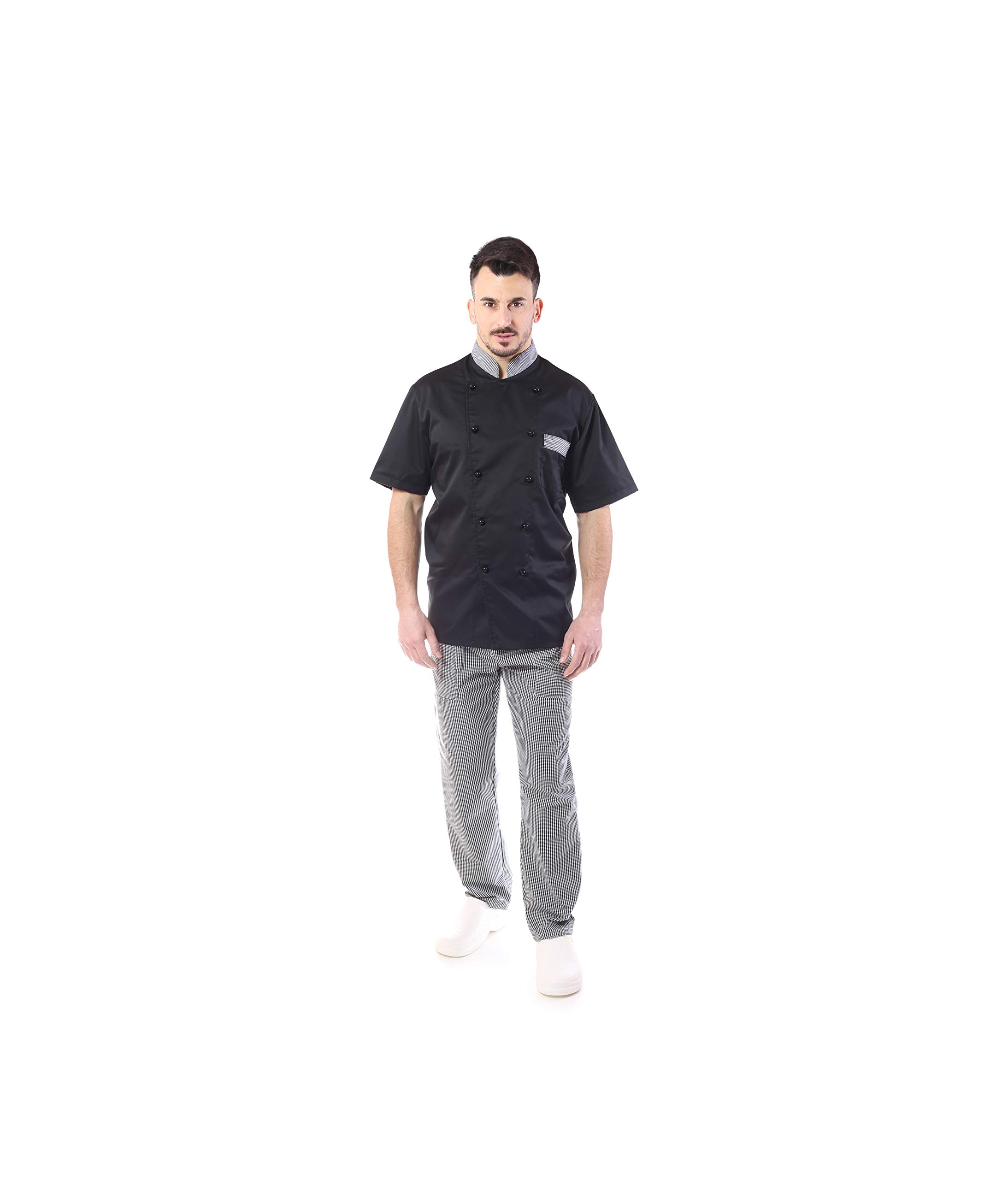 RICAMO GRATUITO - Completo Cuoco e Chef Nero - Profili Pied De Poule - Uomo - 4PZ - Giacca Manica Corta, Pantalone, Davantino, Bandana - Divisa per Cucina e Ristorante - Made in Italy Tessile Astorin