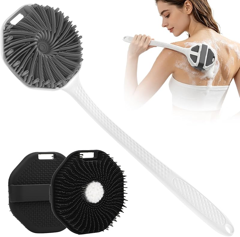Escova para banho Vynusio com cabo longo e cabeças de silicone, preta e cinza, conjunto com 2