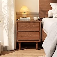YAZIFIRSTLY Solid Wood Walnut Nightstand with 2 Drawers - Mid-Century Modern Bedside Table, Small Storage Stand