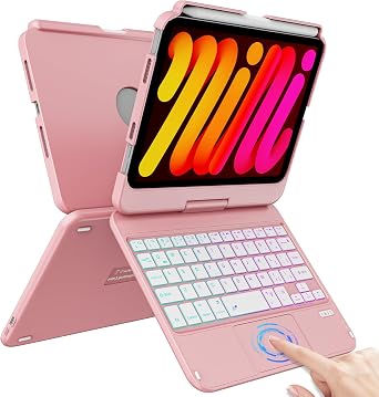 FUWANG Keyboard Case for iPad mini 7 A17 Pro 2024 & iPad mini 6th Generation 2021 8.3-inch, 360 Swivel, Multi-Touch Trackpad, 7-Color Backlit, Keyboard Cover with Pencil Holder, Rose Gold