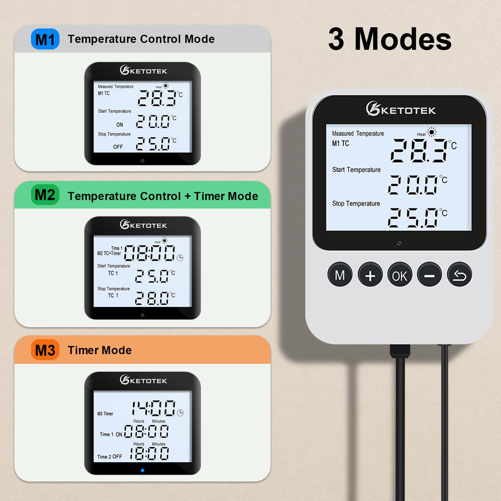 KETOTEK Enchufe con Termostato y Temporizador, Día y Noche Controlador de Temperatura Digital 220V para Terrario Reptiles e Incubadora, Sonda de 3m, Función de Calefacción y Enfriamiento