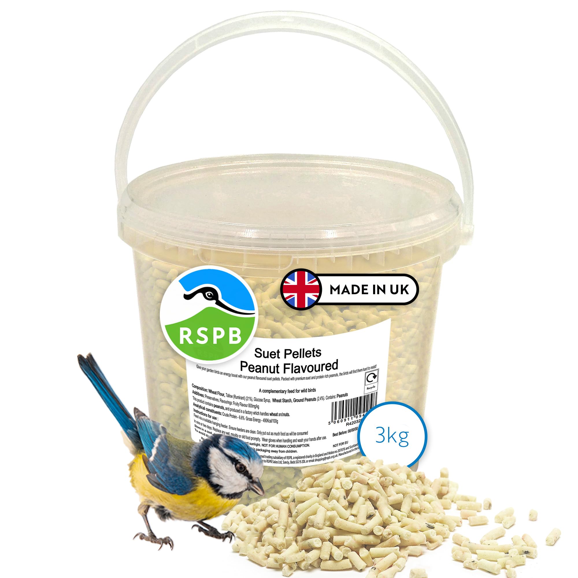 RSPB - Suet Pellets, Wild Bird Food for Small Birds, Premium Ingredients, Made in the UK, Healthy and Nutritious, Suitable for Year-Round Feeding (Peanut Flavour) (3kg Tub)