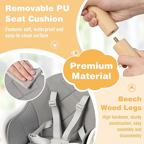 Miniatura 7 de BABY JOY Silla alta para bebé, silla alta convertible 6 en 1 de madera para bebés y niños pequeños con patas ajustables, doble bandeja extraíble,