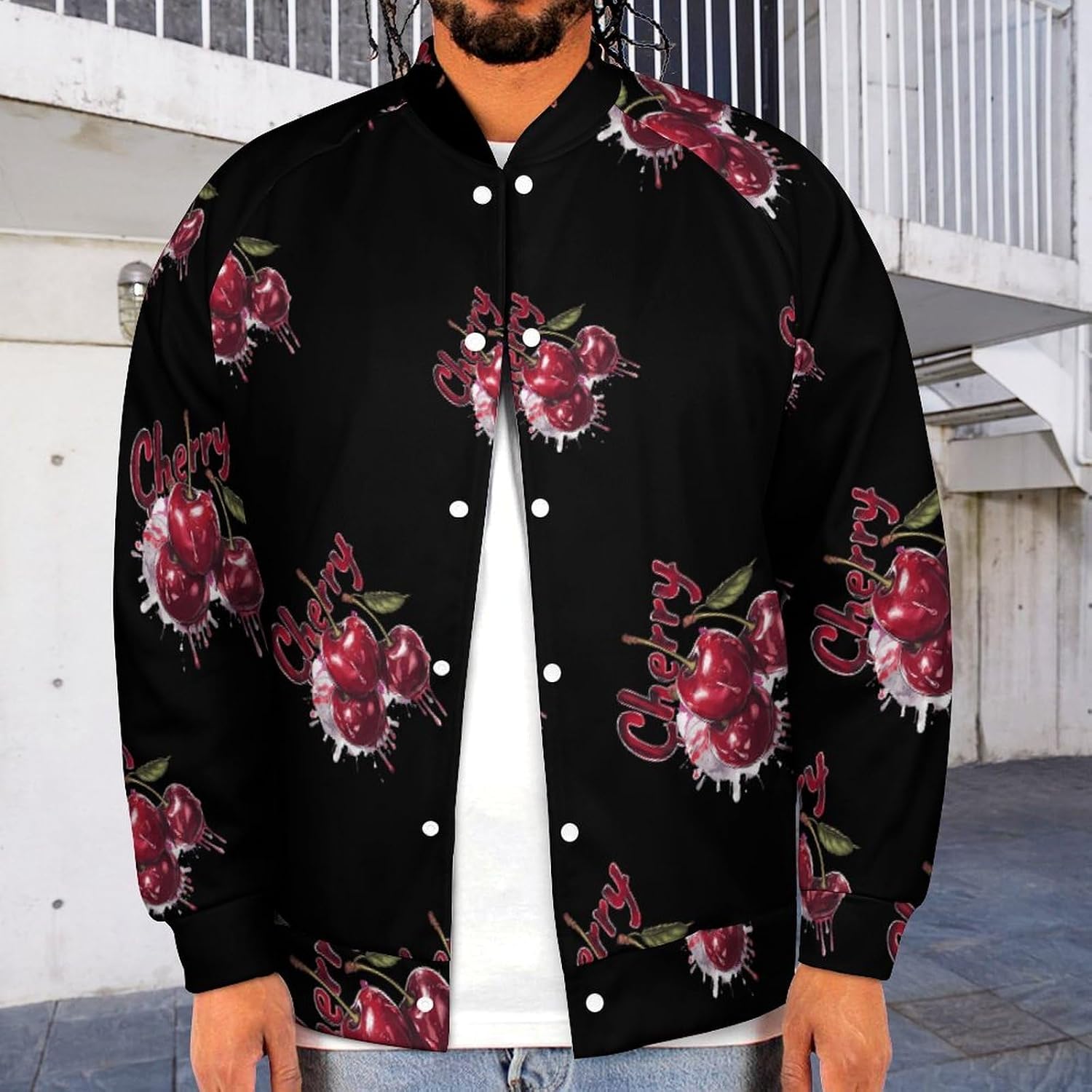 Watercolor Cherry Novelty Men's Baseball Jackets Causal Sweatshirt Button Top Long Sleeve Coat