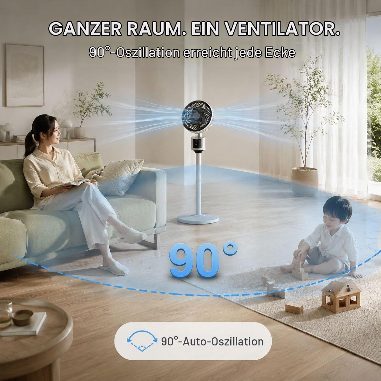 Standventilator für Schlafzimmer – 2026 Verbesserter Ganzraum-Luftzirkulator, 90° oszillierender Sockel, 27,4 m Luftstrom, 30 dB leises DC-Motorkühlgerät, 3 Geschwindigkeiten, USB, verstellbare Höhe
