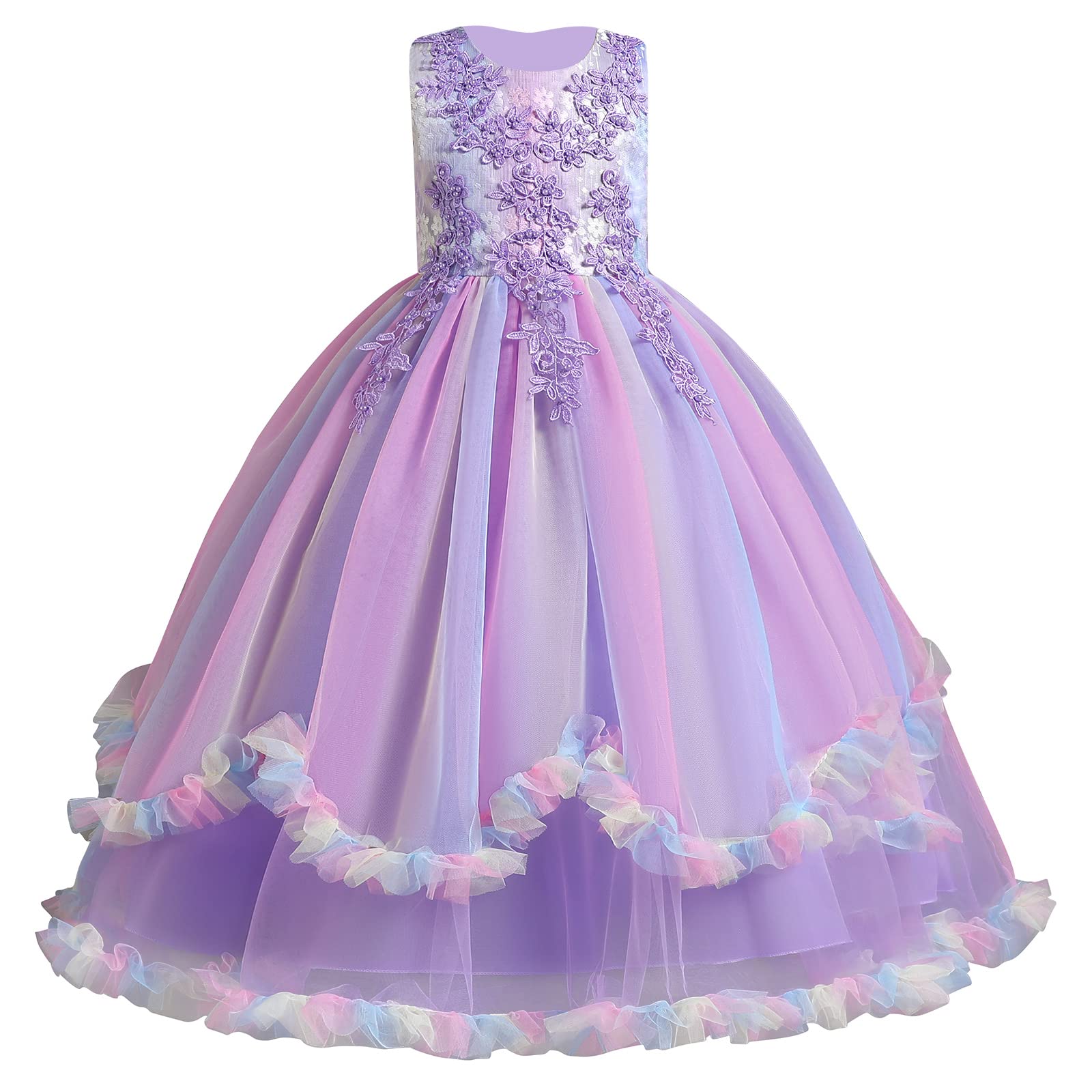 IDOPIP Enfants Filles sans Manches Dentelle Broderie Mariage Demoiselle d'honneur Princesse Couches Tulle Robes de fête soirée Bal Robe de Bal