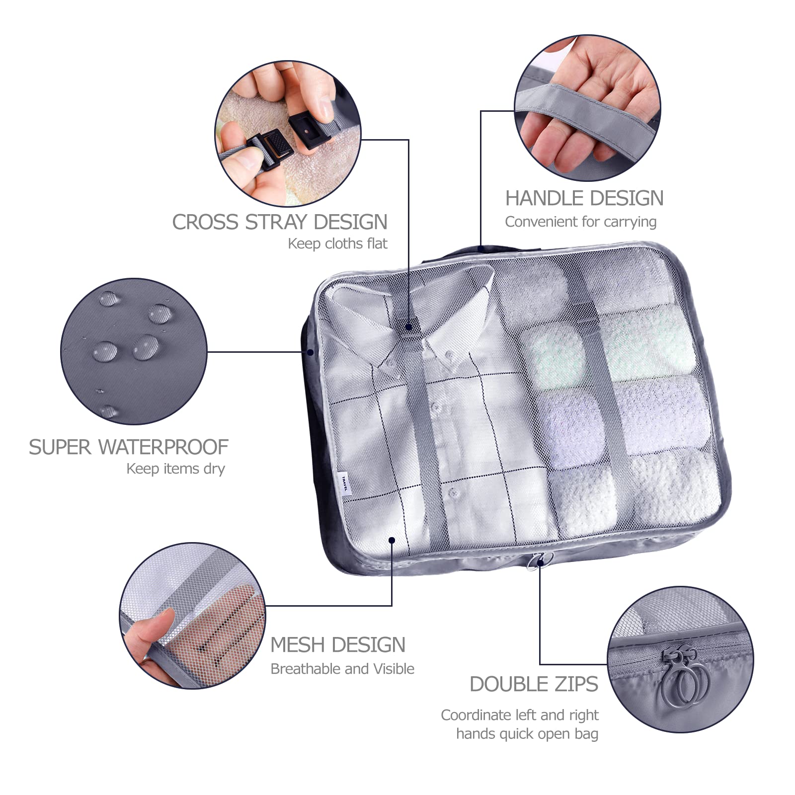 BillyBath 8-en-1 Set d'Organiseurs de Bagage pour Voyage, Sacs à Vêtements, Chaussures, Sacs de Rangement pour Cosmétiques (Gris) 030