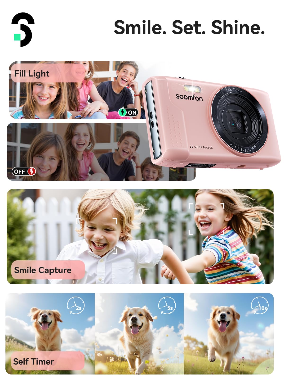 SOOMFON 72MP Aparat cyfrowy, aparat fotograficzny z 16-krotnym zoomem z kartą TF 32 GB, czytnik kart & 2 x akumulatory, przenośny aparat fotograficzny w stylu vintage z 7,1-centymetrowym ekranem, dla