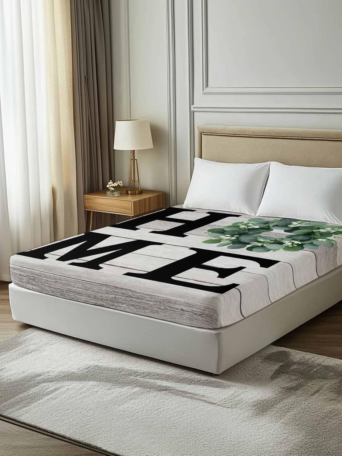 Top Sheet Full Bedding Flat Sheet Only, Home Green Eucalyptus Wreath Microfiber Bed Sheets Soft Breathable Bedding Flat Sheets, Farm Vintage Wood Board Hotel Luxury Top Sheets
