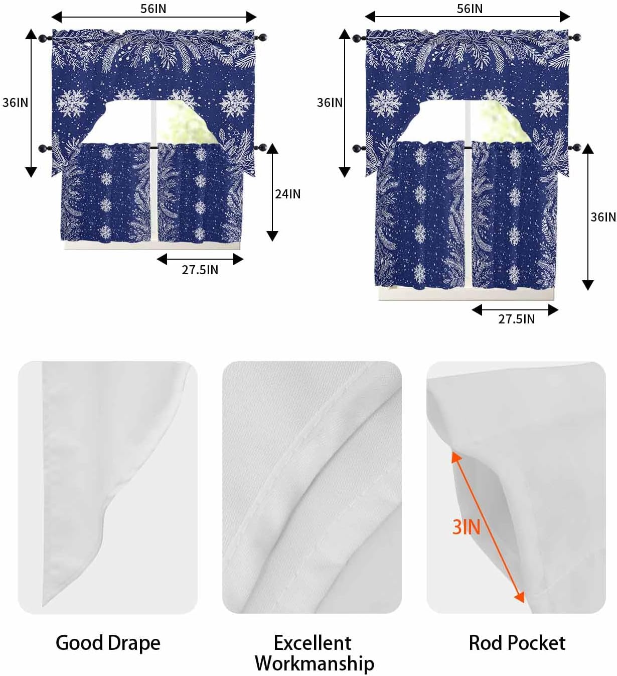 Valance Kitchen Short Curtains, Christmas Snowflake Watercolor Pine Leaves Blue Small Valances Swag Topper for Small Windows, Light Filtering Rod Pocket Curtain Window Treatment Panels for Cafes