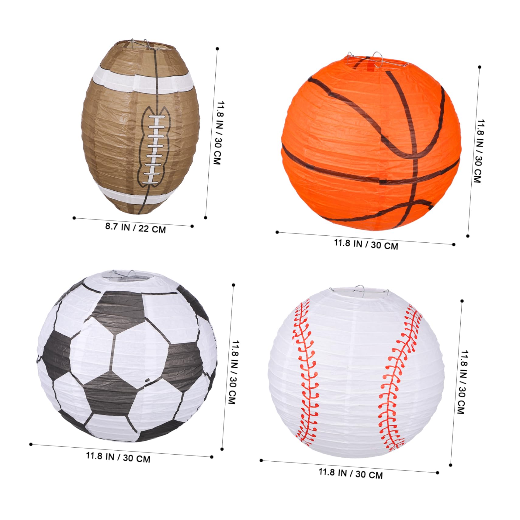 LALAFINA 4pcs Sports Themed Lantern Basketball Football Rugby Baseball Paper Lanterns for Party Decorations Easy to Lightweight