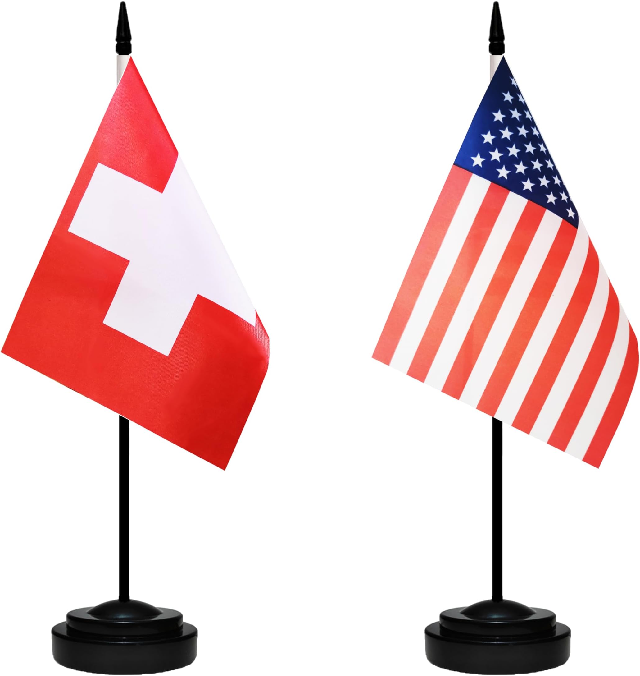 USA American & Switzerland Swiss Desk Flags, US Switzerland Table Flag, Small Mini American & Swiss Twin Table Office Flag, Miniature Swiss and US Desktop Flag With 13" Solid Black Pole, Black Base