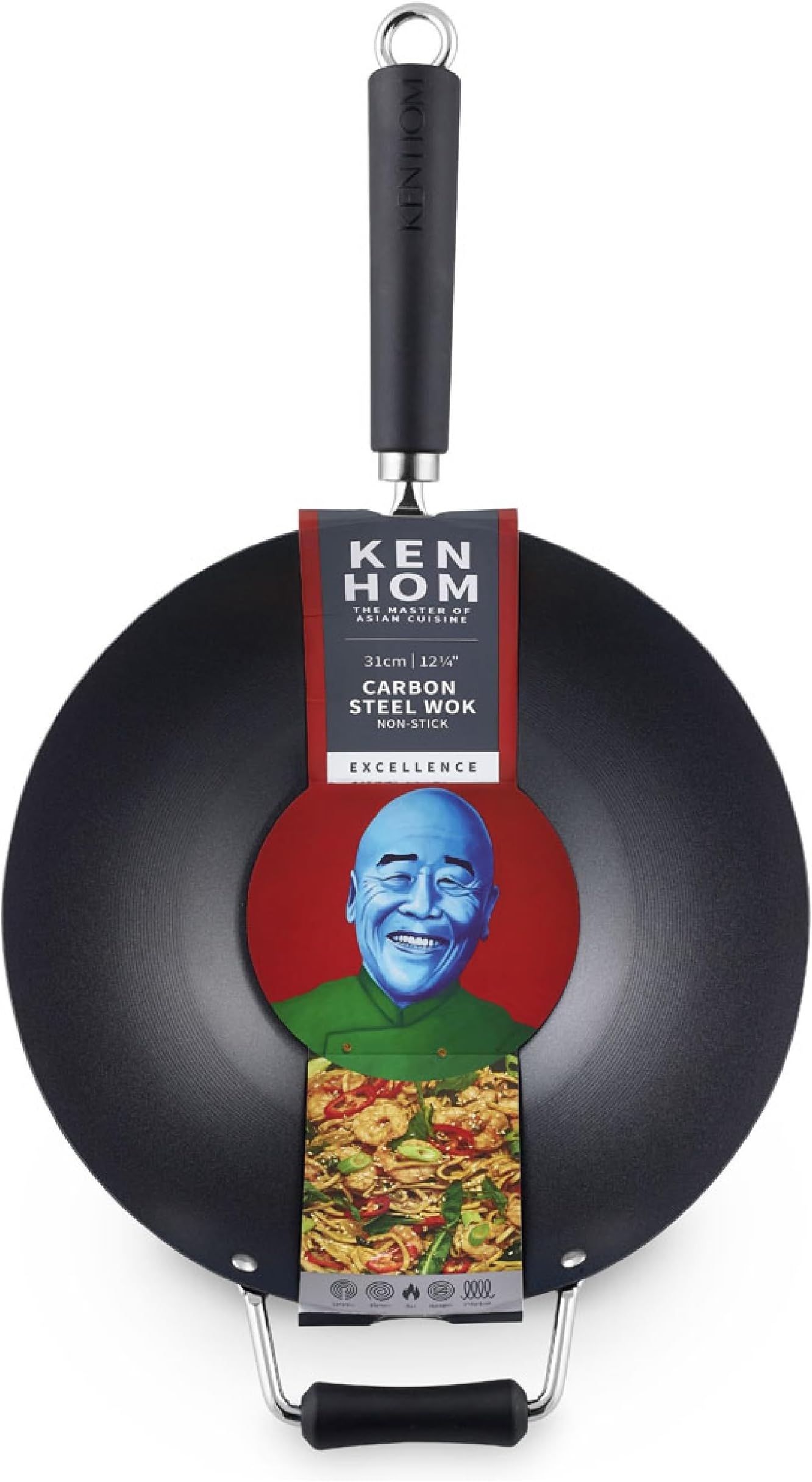 12" Carbon Steel Nonstick Stir Fry Wok - Soft Touch Helper Handle and Lightweight Flat Bottom Design